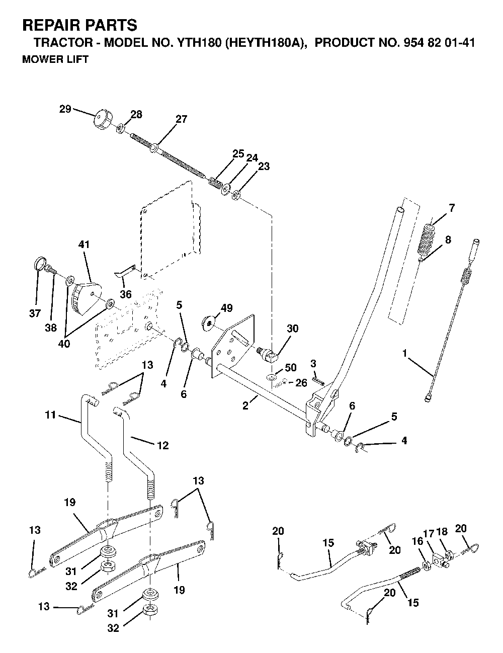 Mower Lift / Deck Lift Diagram and Parts List for YTH180 (HEYTH180A, 954820141)(1998-12) Husqvarna Lawn Tractor