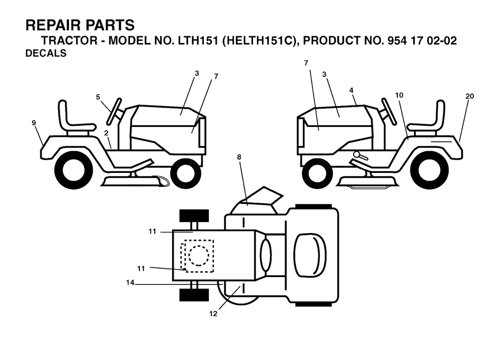 Decals Diagram and Parts List for LTH151 (954170202-C)(2004-09) Husqvarna Lawn Tractor