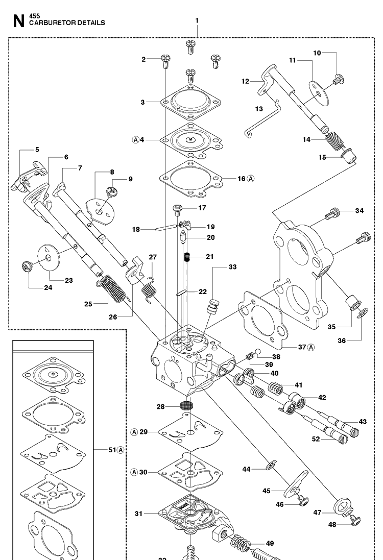 Carburetor Details Diagram and Parts List for 455 RANCHER Husqvarna Chainsaw