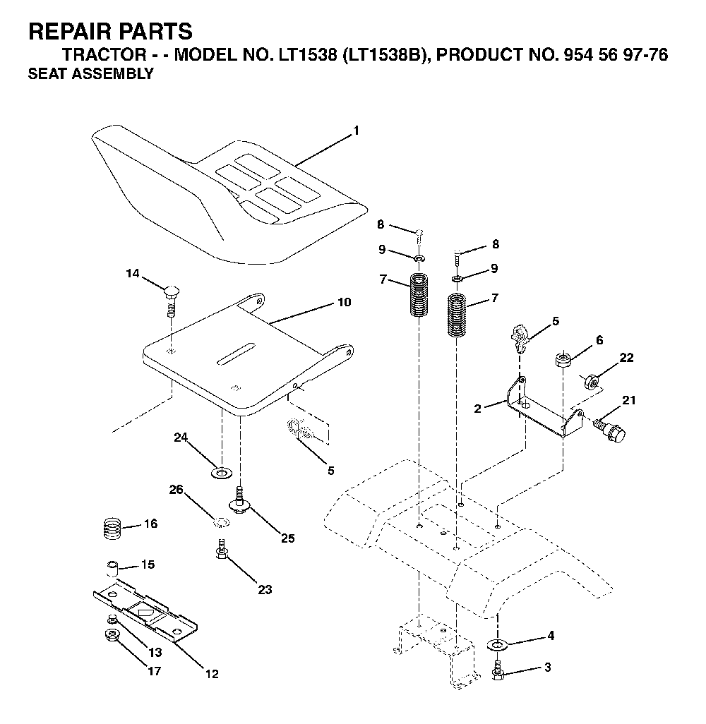 Seat Diagram and Parts List for LT1538 (LT1538B, 954569776)(2002-11) Husqvarna Lawn Tractor