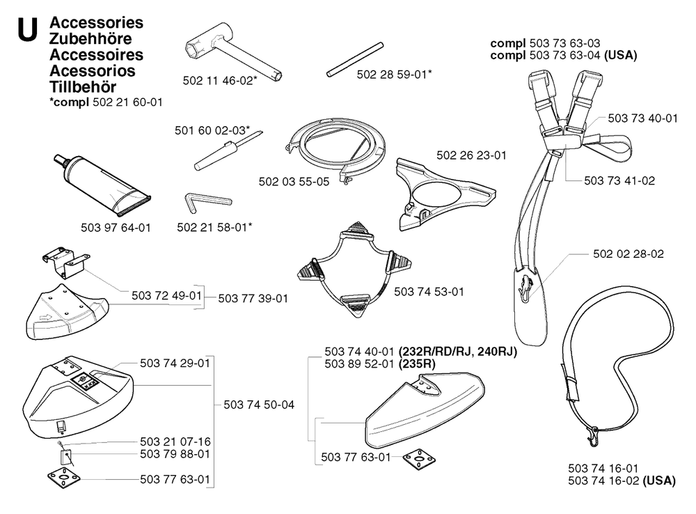Accessories Diagram and Parts List for 240RJ 20023500001 & Above Husqvarna Trimmer