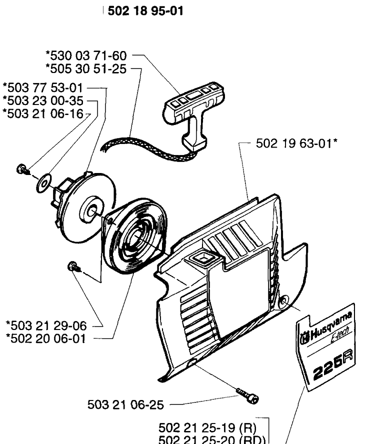 Starter Assembly Diagram and Parts List for 225LD 1997-02 Husqvarna Brush Cutter