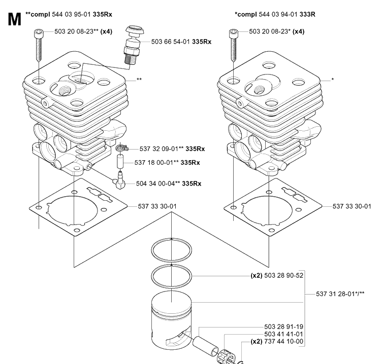 Cylinder Piston Diagram and Parts List for 335R  Husqvarna Brush Cutter
