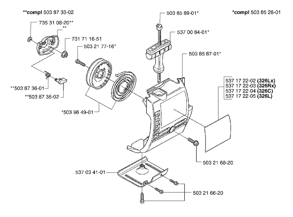 Starter Diagram and Parts List for 326L 2002-02 Husqvarna Trimmer