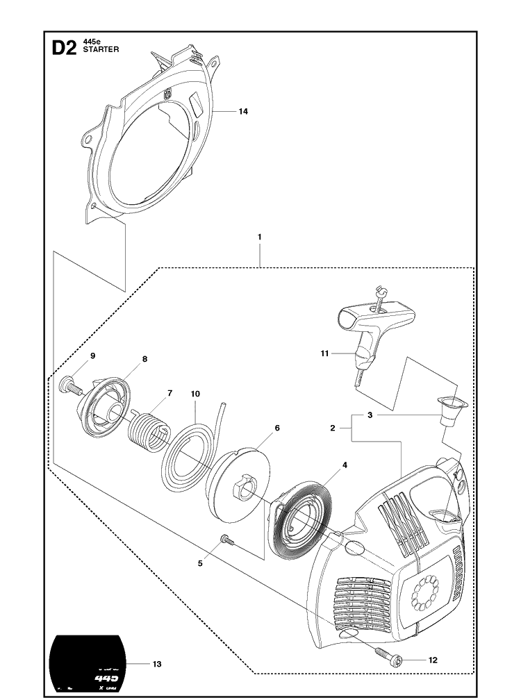 Starter Diagram and Parts List for 445E 2011-07 Husqvarna Chainsaw
