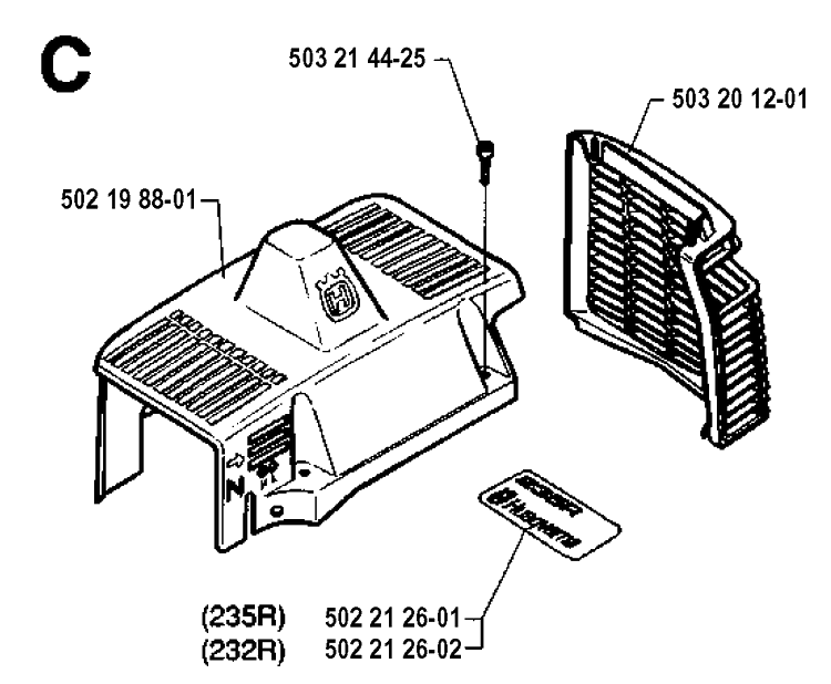 Cylinder Cover Diagram and Parts List for 232R 19940600001-19954500000 Husqvarna Brush Cutter