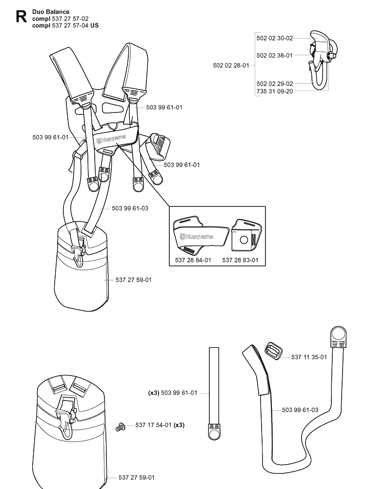 Harness Diagram and Parts List for 143R 20054100001-20065299999 Husqvarna Brush Cutter