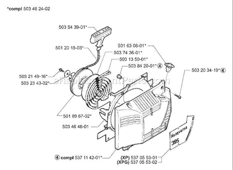 Page M Diagram and Parts List for 395 2003-10 Husqvarna Chainsaw
