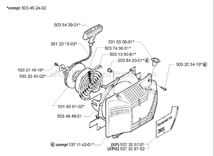 Page M Diagram and Parts List for 395 2005-05 Husqvarna Chainsaw