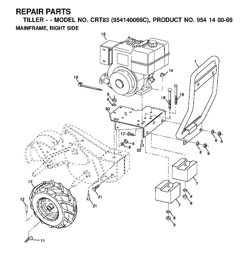 Mainframe, Right Side Diagram and Parts List for CRT83 (954140066C)(1999-09) Husqvarna Tiller
