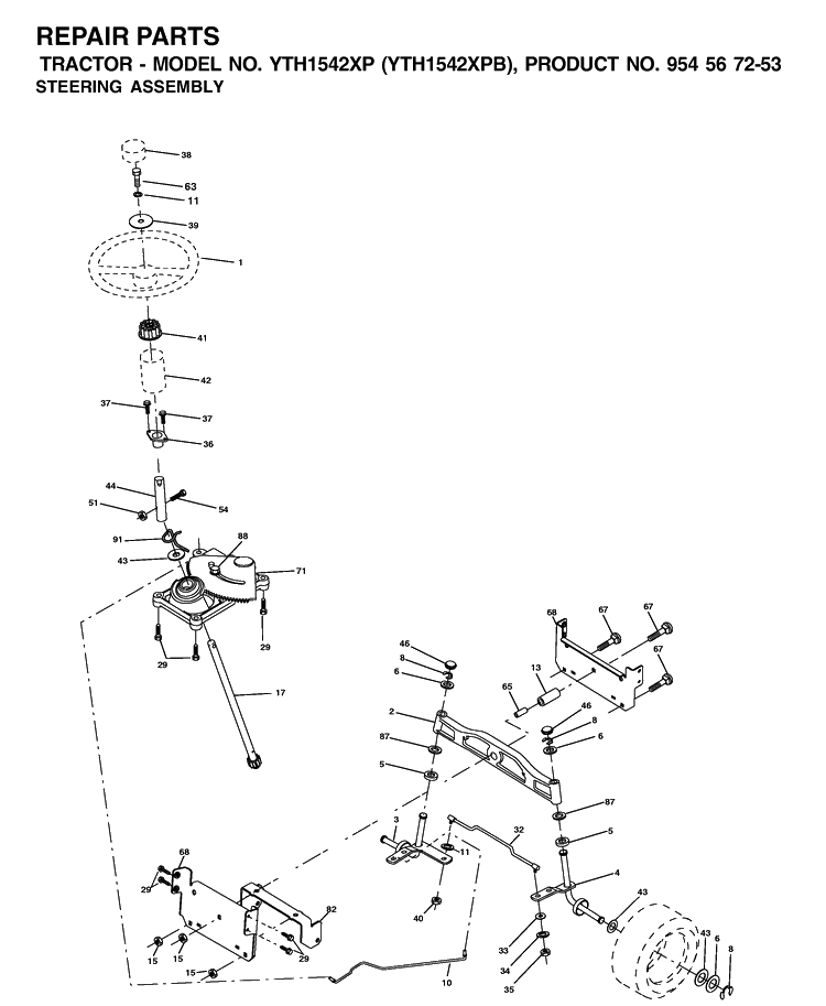 Steering Diagram and Parts List for YTH1542XP (954567253)(2001-11) Husqvarna Lawn Tractor