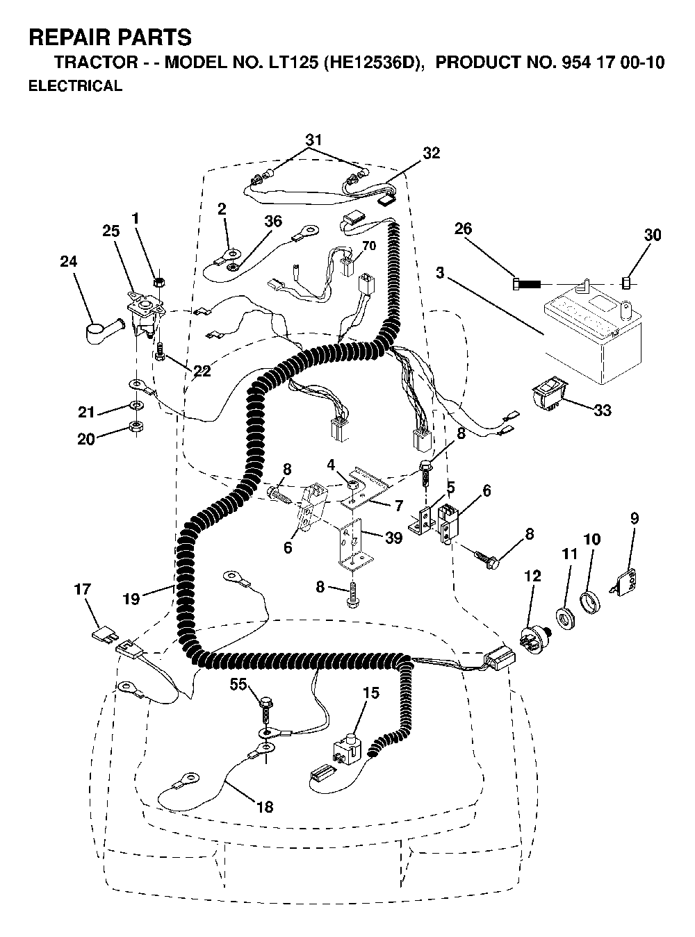 Electrical Diagram and Parts List for LT125 (HE12536D, 954170010)(1998-12) Husqvarna Lawn Tractor