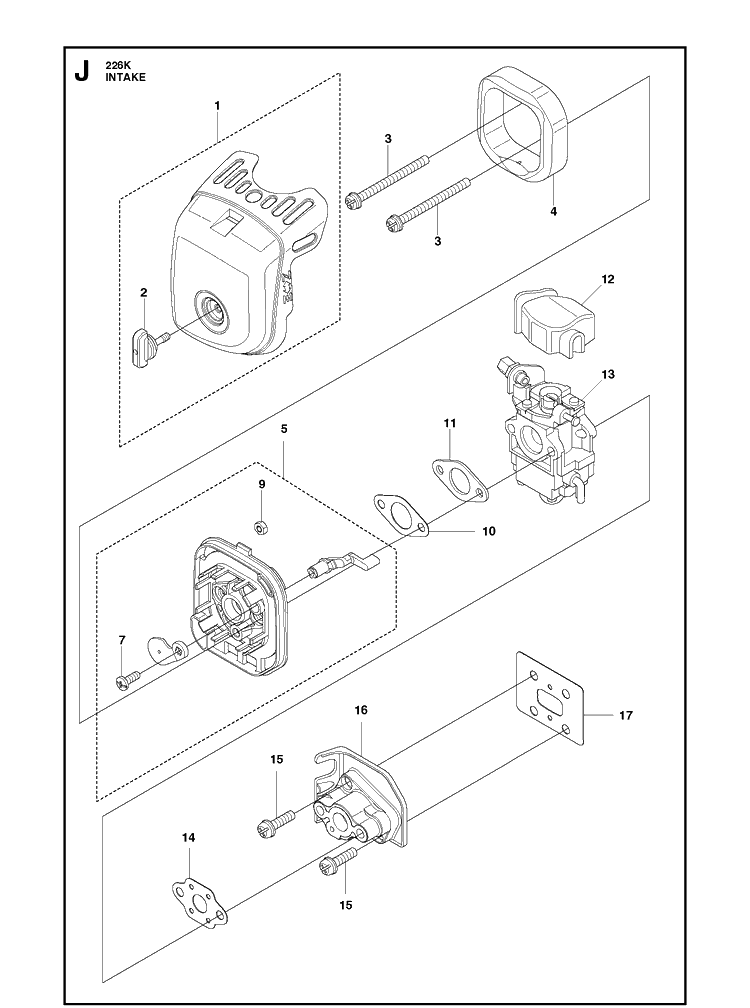 Carburetor And Air Filter Diagram and Parts List for 226K  Husqvarna Brush Cutter