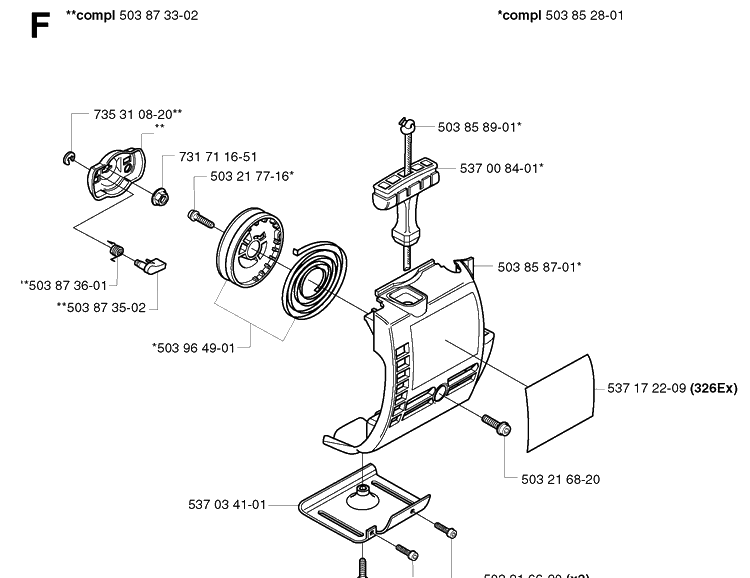 Starter Diagram and Parts List for 326EX 20020500001-20144799999 Husqvarna Edger