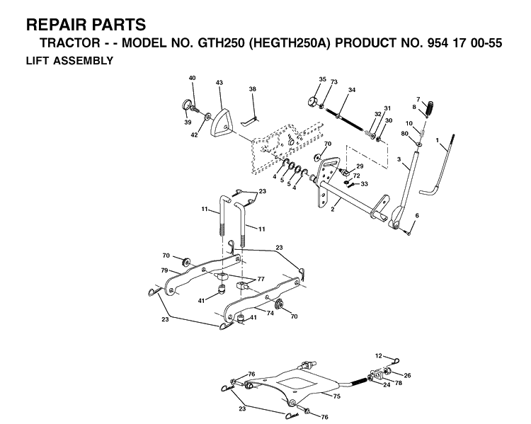 Mower Lift / Deck Lift Diagram and Parts List for GTH250 (HEGTH250A)(2002-03) Husqvarna Lawn Tractor