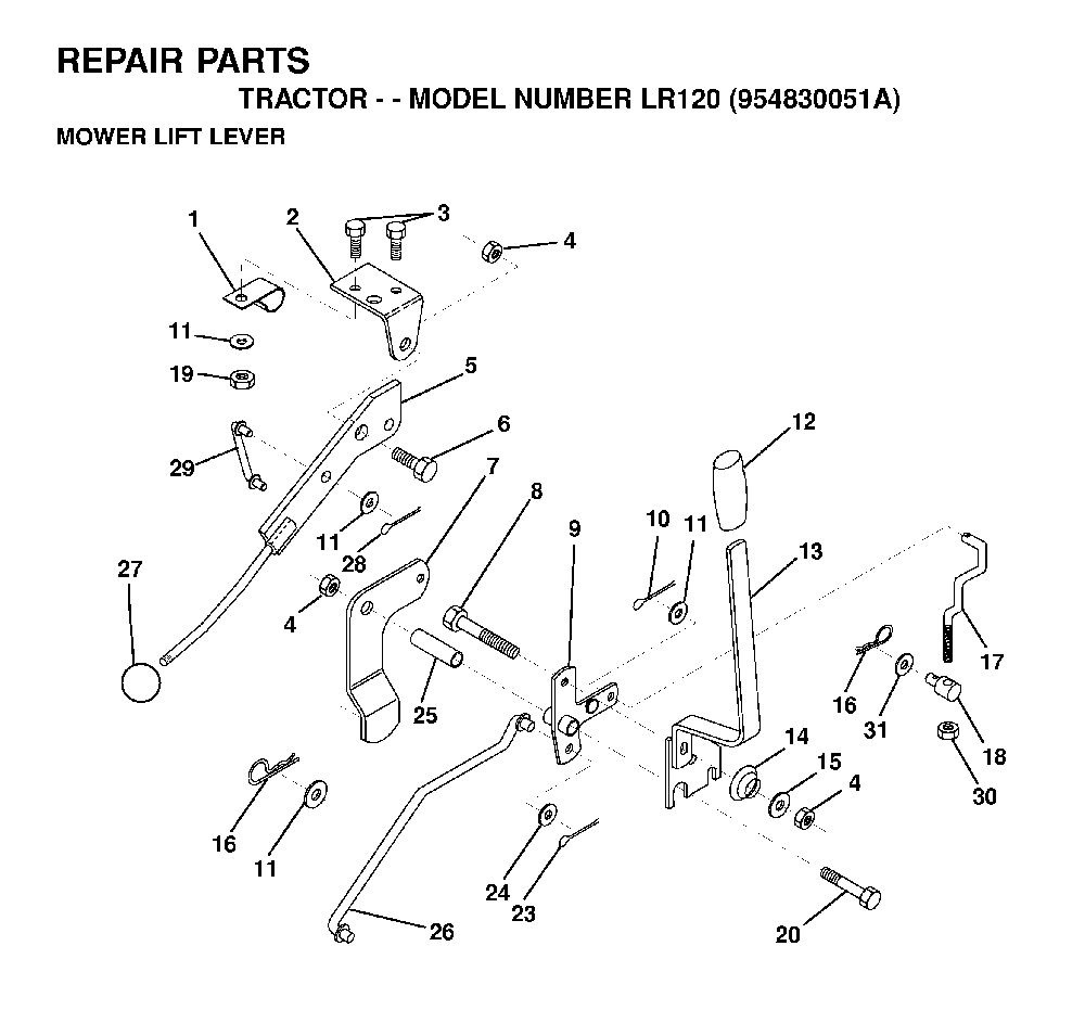 Mower Lift Lever Diagram and Parts List for LR120 (954830051A)(1995-08) Husqvarna Lawn Tractor