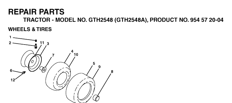 Wheels And Tires Diagram and Parts List for GTH2548 (954572004)(2004-05) Husqvarna Lawn Tractor