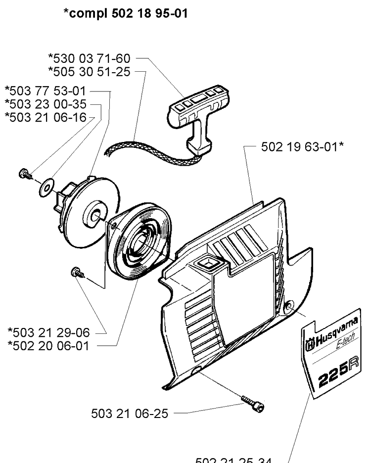 Recoil Starter Assembly Diagram and Parts List for 225 (Lite)(106252061)(1998-12) Husqvarna Trimmer