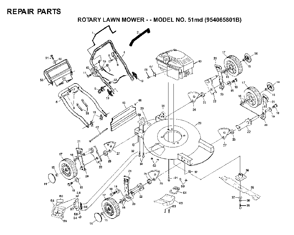 Product Complete Diagram and Parts List for 51MD (954065801B)(1995-03) Husqvarna Lawn Mower