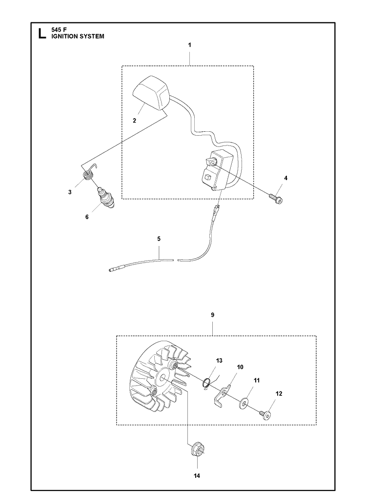 Ignition System Diagram and Parts List for 545F  Husqvarna Brush Cutter
