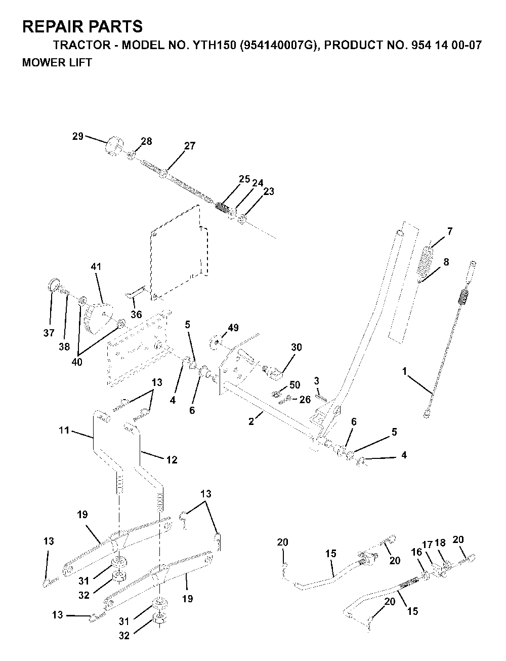 Mower Lift / Deck Lift Diagram and Parts List for YTH150 (954140007G, 954140007)(1998-09) Husqvarna Lawn Tractor