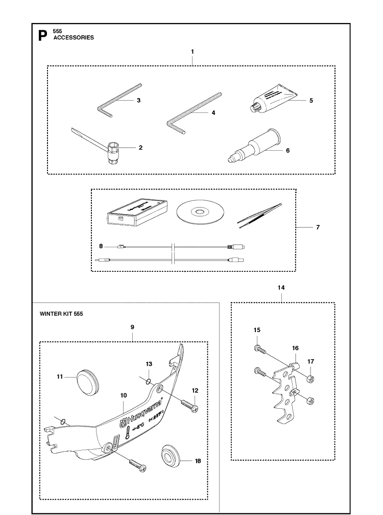 Accessories Diagram and Parts List for 555 2013-01 Husqvarna Chainsaw