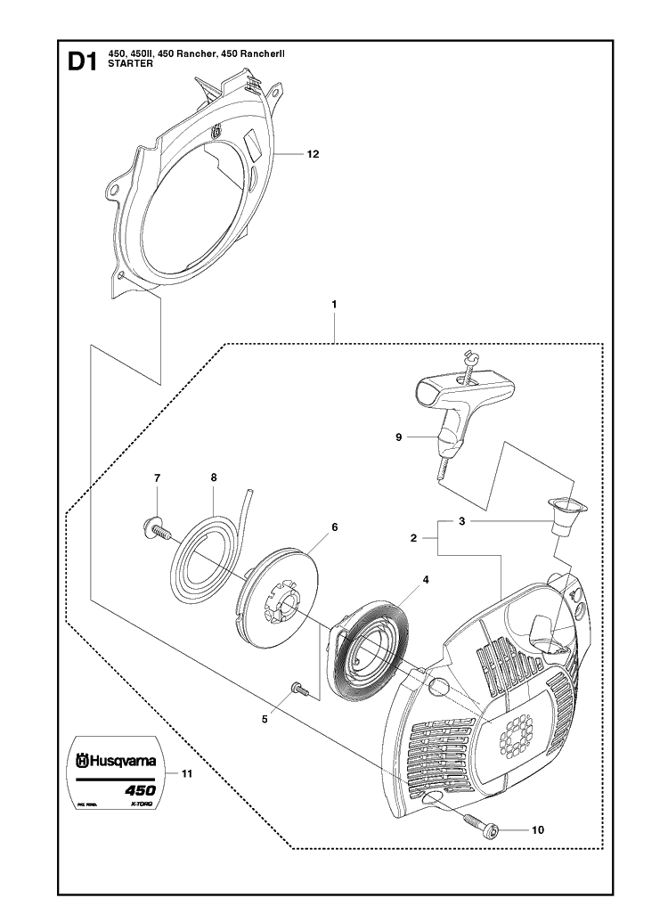 Starter 2 Diagram and Parts List for 450II RancherII Husqvarna Chainsaw