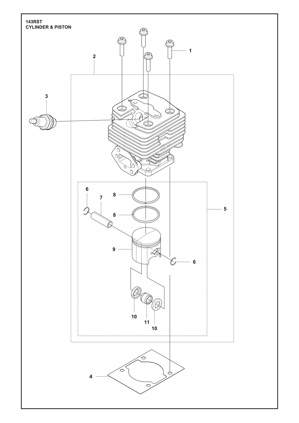Cylinder Piston Diagram and Parts List for 143RST  Husqvarna Brush Cutter