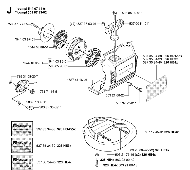 Starter Diagram and Parts List for 326HE3 (X-SERIES)(20054000001-20090900000) Husqvarna Hedge Trimmer