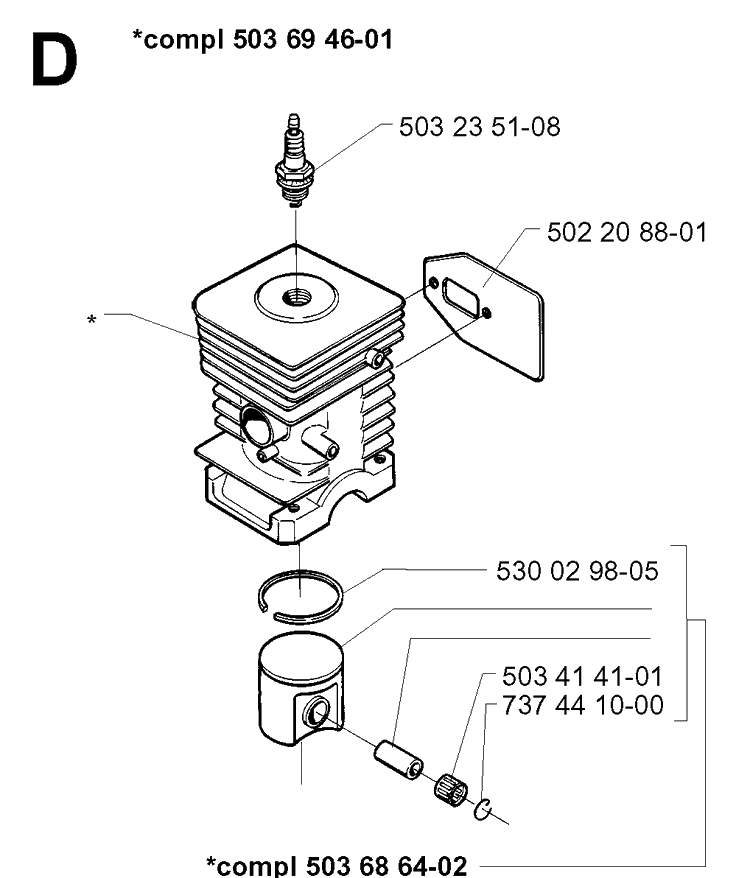 Cylinder Piston Diagram and Parts List for 240RBD 19970500001-20004000000 Husqvarna Brush Cutter