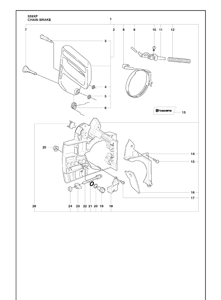 Chain Brake Diagram and Parts List for 339XP 2010-02 Husqvarna Chainsaw
