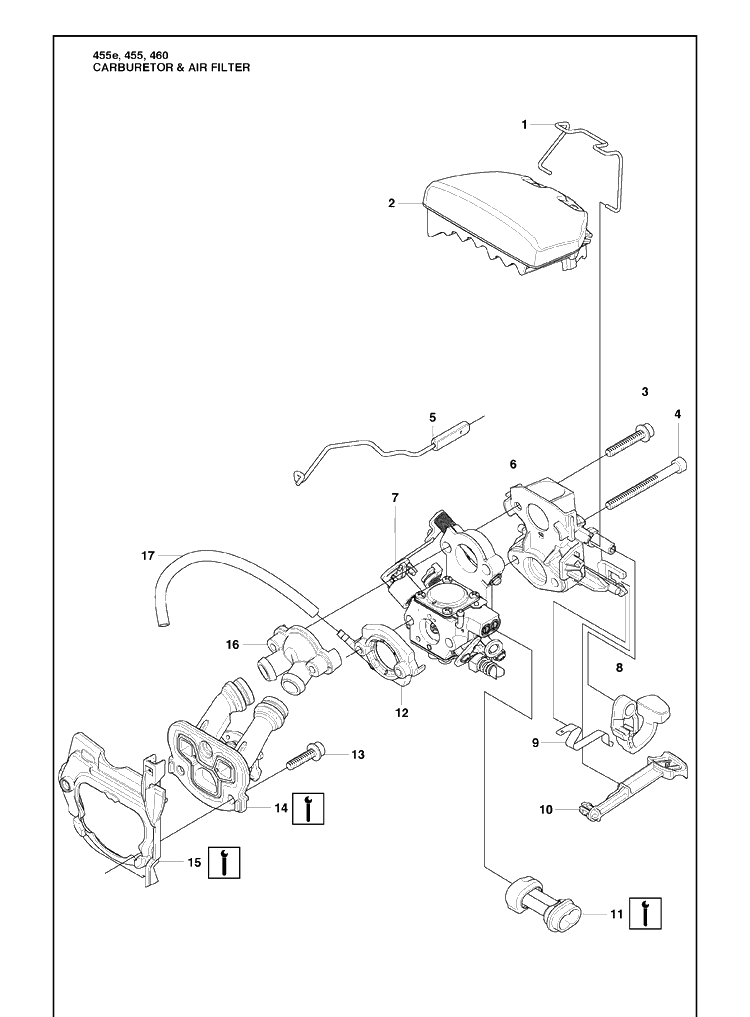 Carburetor And Air Filter Diagram and Parts List for 455E 2009-10 Husqvarna Chainsaw