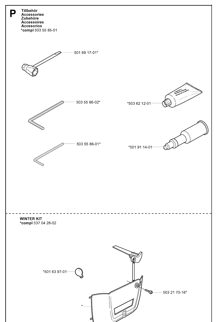Accessories Diagram and Parts List for 346XP 20041000001-20070799999 Husqvarna Chainsaw