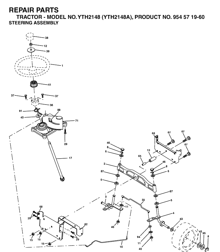 Steering Diagram and Parts List for YTH2148 (954571960)(2003-11) Husqvarna Lawn Tractor