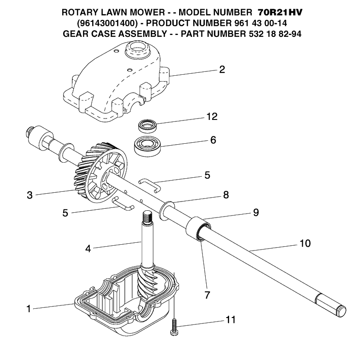 Gear Case Diagram and Parts List for 70R21HV (96143001400)(2005-11) Husqvarna Lawn Mower