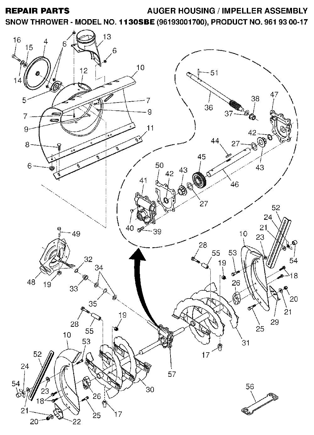 Auger Housing And Impeller Diagram and Parts List for 1130SBE (96193001700, 961930017)(2006-08) Husqvarna Snow Blower