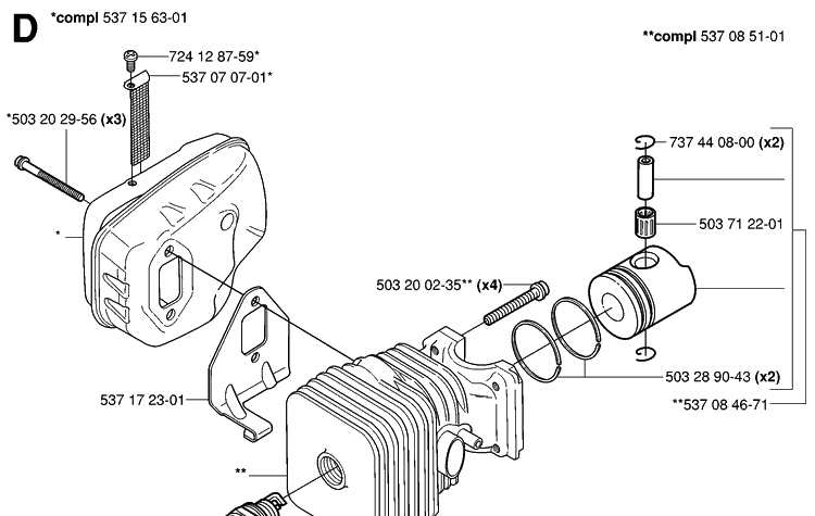 Cylinder, Piston And Muffler Diagram and Parts List for 326HD75 (X-SERIES)(20030100001-20062700000) Husqvarna Hedge Trimmer