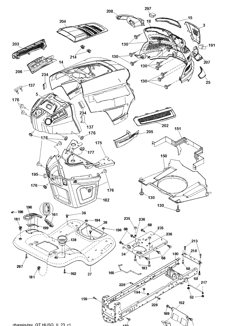 Chassis / Frame Diagram and Parts List for YTH21K46 (96045002900)(2010 - 11) Husqvarna Lawn Tractor