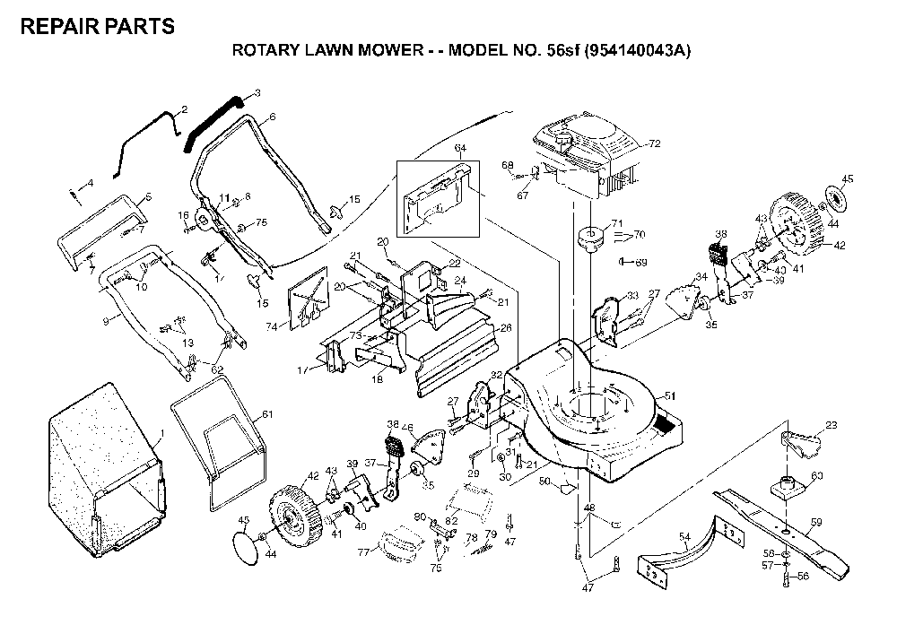Repair Parts Diagram and Parts List for 56SF (954140043A, 532702511)(1998-02) Husqvarna Lawn Mower