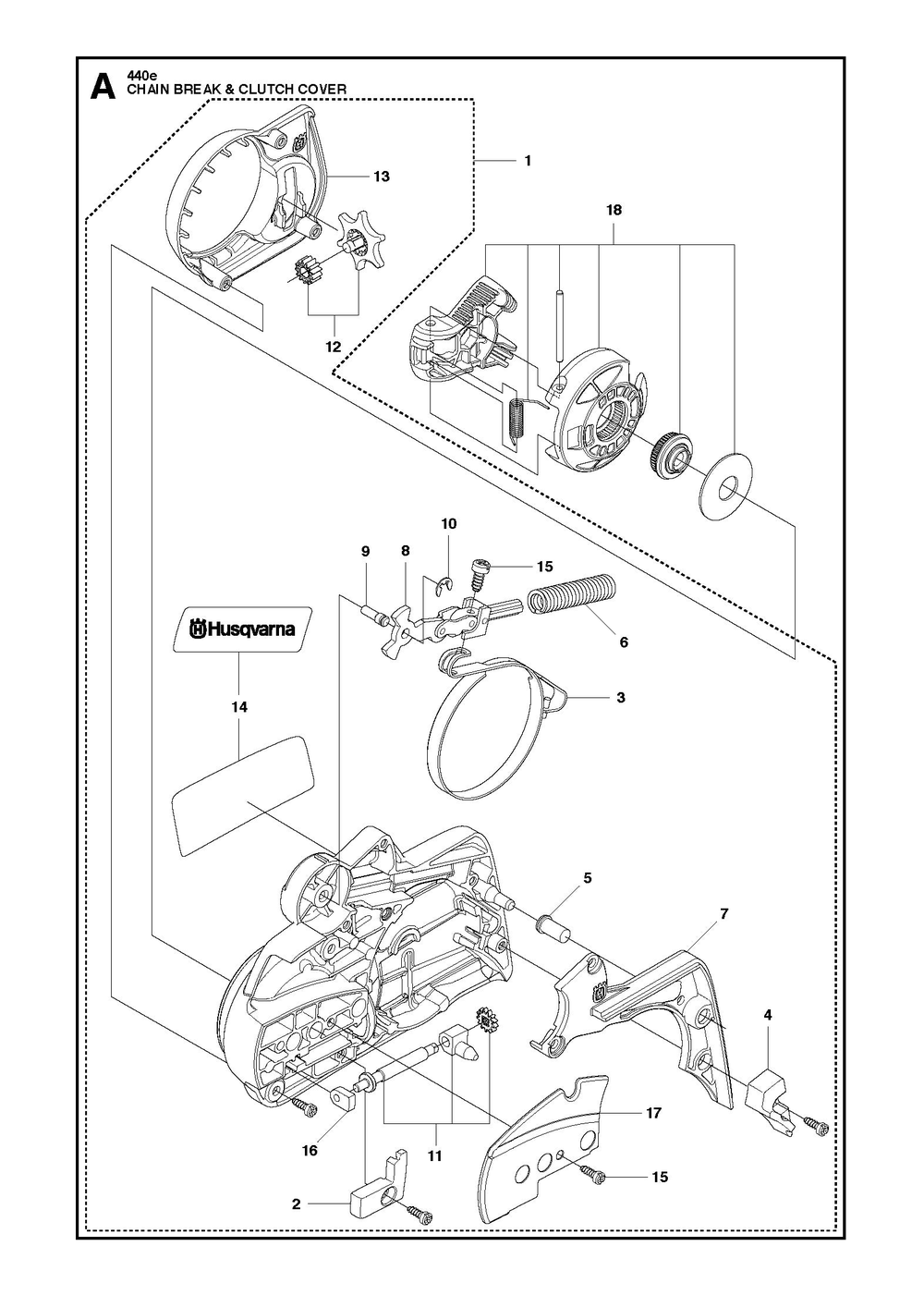 Chain Brake And Clutch Cover Diagram and Parts List for 440 e-series Husqvarna Chainsaw