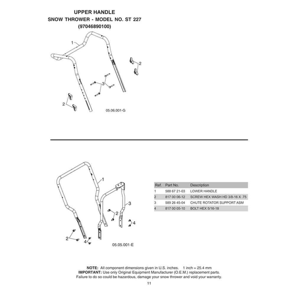 Upper Handle Diagram and Parts List for ST227-970528702  Husqvarna Snow Blower
