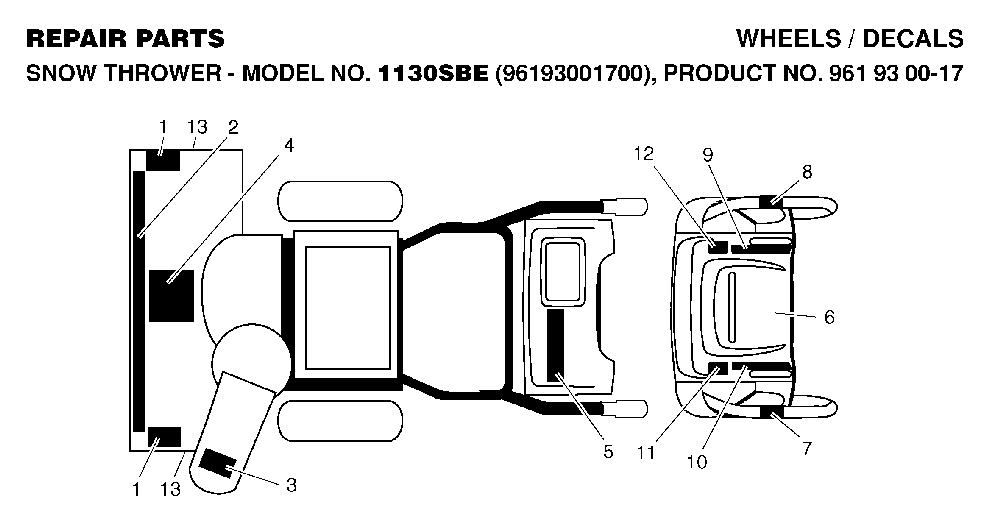 Decals Diagram and Parts List for 1130SBE (96193001700, 961930017)(2006-08) Husqvarna Snow Blower