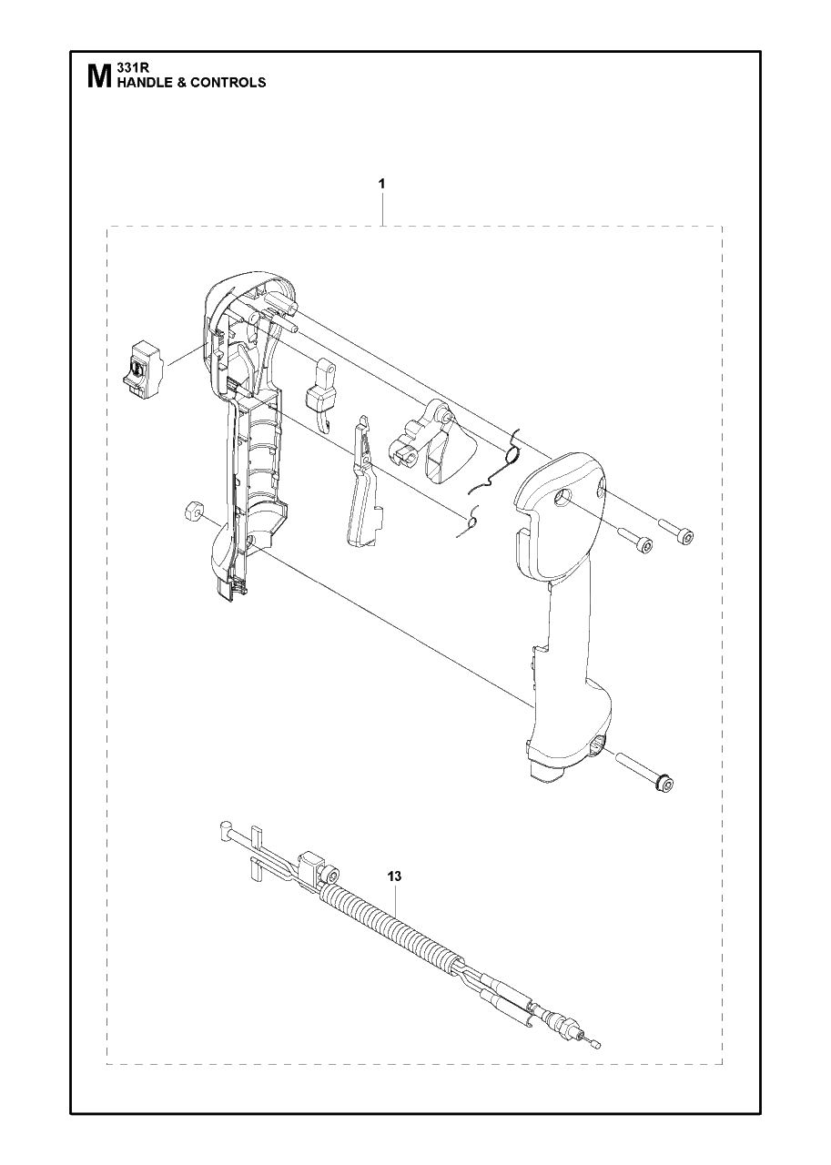 Handle And Controls Diagram and Parts List for 331R 20191400001 & Above Husqvarna Brush Cutter