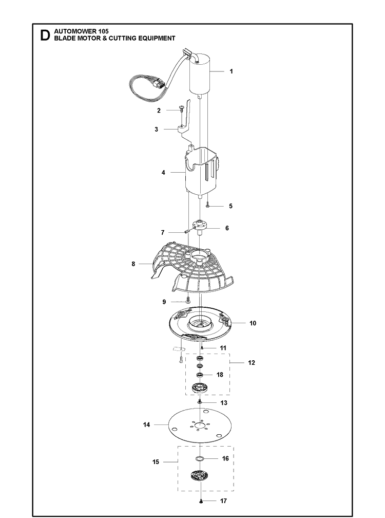 Blade Motor And Cutting Equipment Diagram and Parts List for 105 2019 Husqvarna Lawn Mower