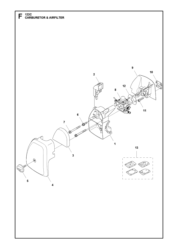 Carburetor And Air Filter Diagram and Parts List for 122C 966712701 Husqvarna Edger