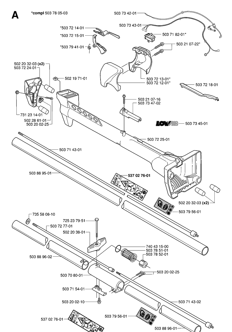 Shaft And Handle Diagram and Parts List for 227L 2000-10 Husqvarna Trimmer
