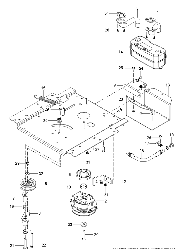 Engine Mounting, Guards And Muffler Diagram and Parts List for Z142 (96792480100)(2018-10) Husqvarna Lawn Mower