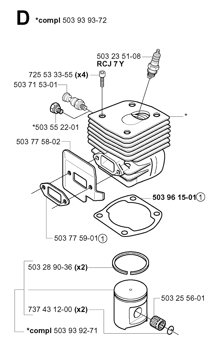 Cylinder Piston Diagram and Parts List for 371K 2002-01 Husqvarna Lawn Tractor Accessories