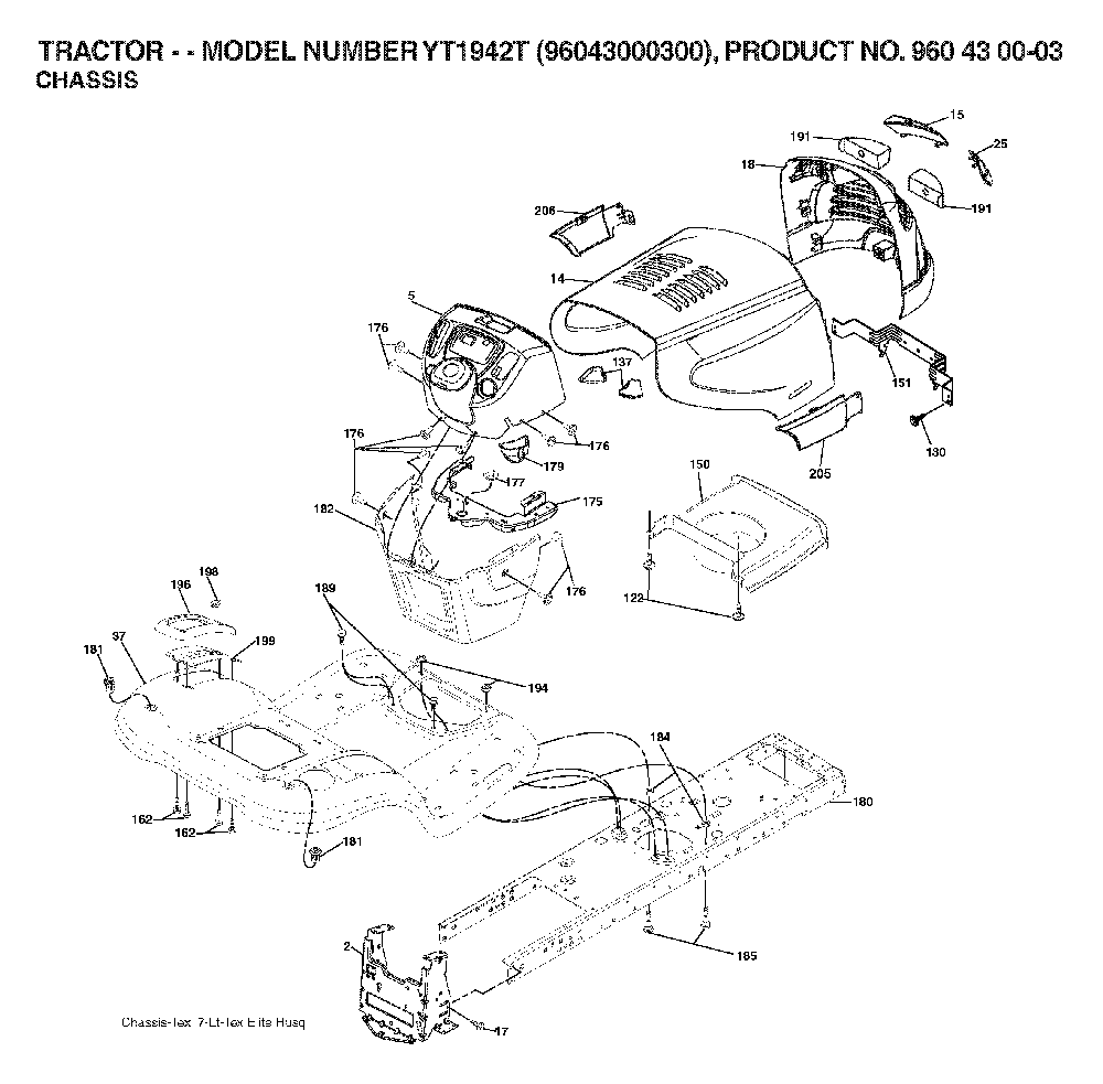 Chassis And Enclosures Diagram and Parts List for YT1942T (96043000300, 960430003)(2006-05) Husqvarna Lawn Tractor