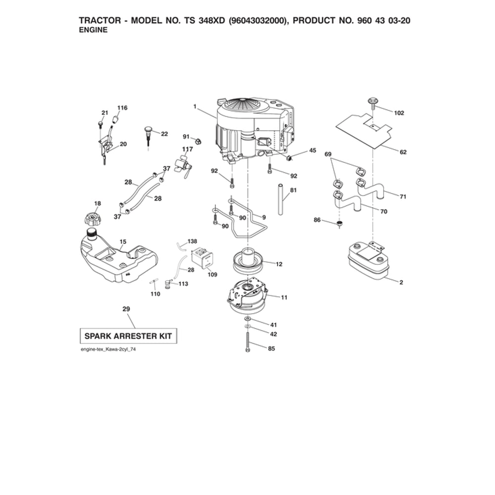 Engine Diagram and Parts List for 96043032000  Husqvarna Lawn Tractor